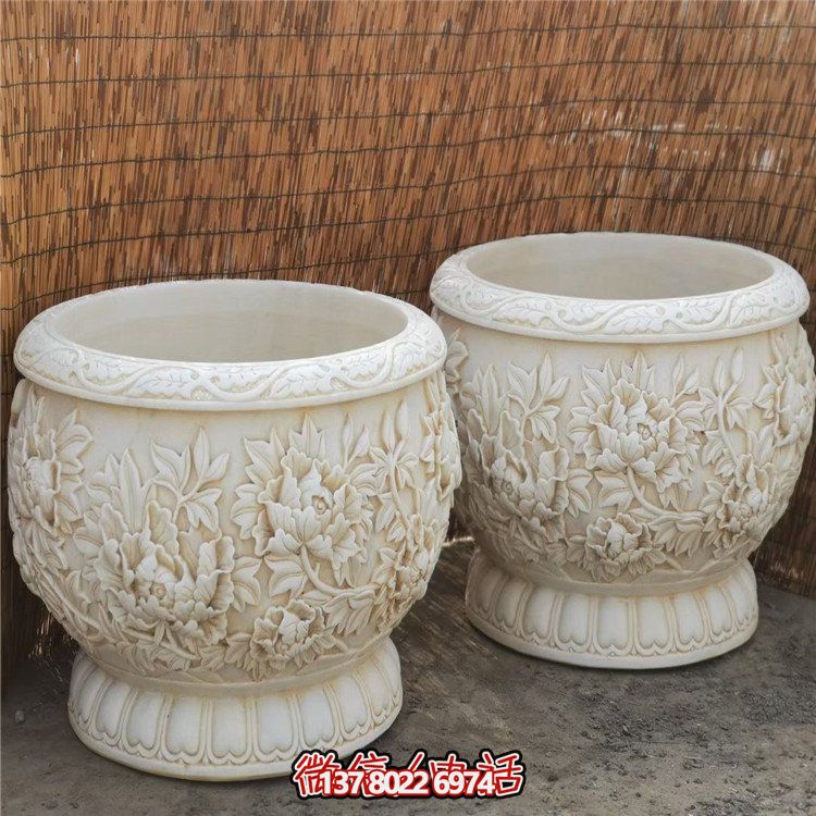 漢白玉浮雕荷花養(yǎng)魚(yú)缸，精美庭院裝飾戶(hù)外中式花盆