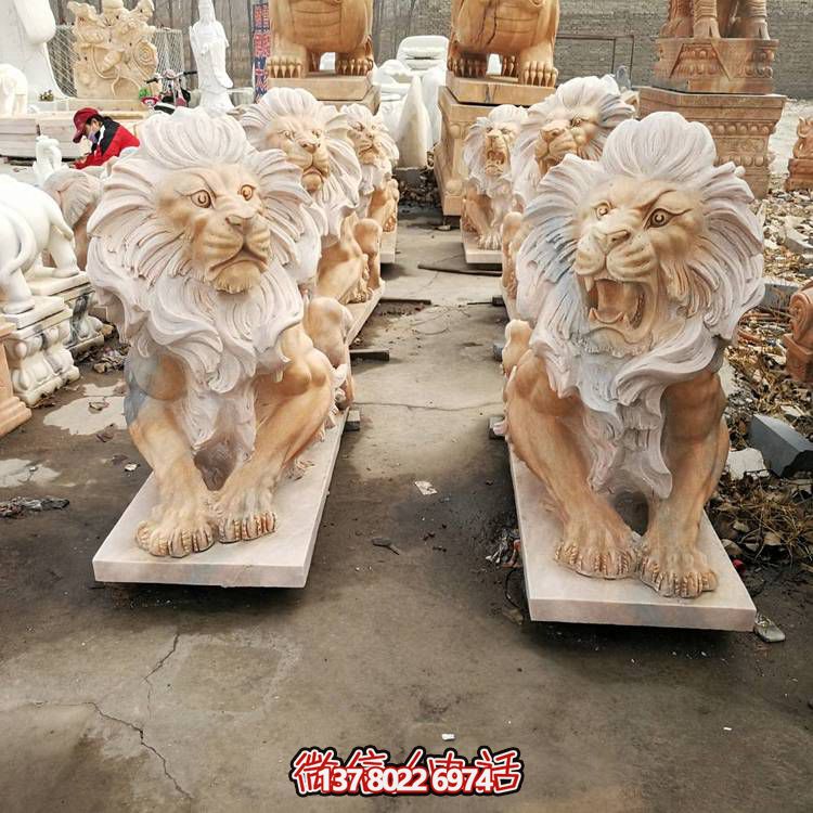 大理石石雕獅子雕塑，點(diǎn)綴晚霞紅園林景觀