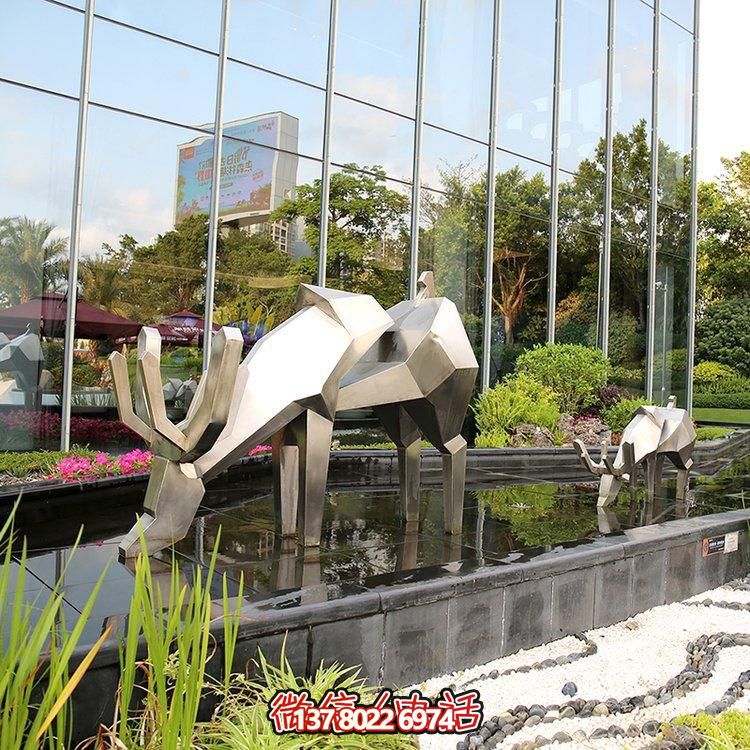 精致雕塑，幾何鏡面不銹鋼鹿，點(diǎn)綴精致水景小品