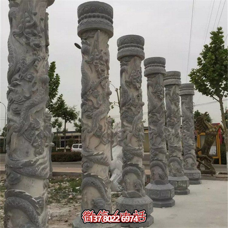 天然大理石浮雕龍盤柱，裝飾園林廣場的精美擺件