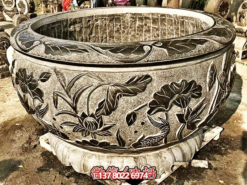 精美大理石浮雕蓮花缸，現(xiàn)代庭院裝飾雕塑