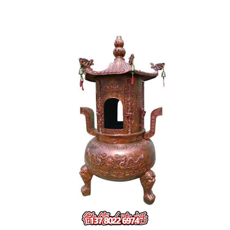 純銅香爐四柱舍利塔，裝飾寺院舍利