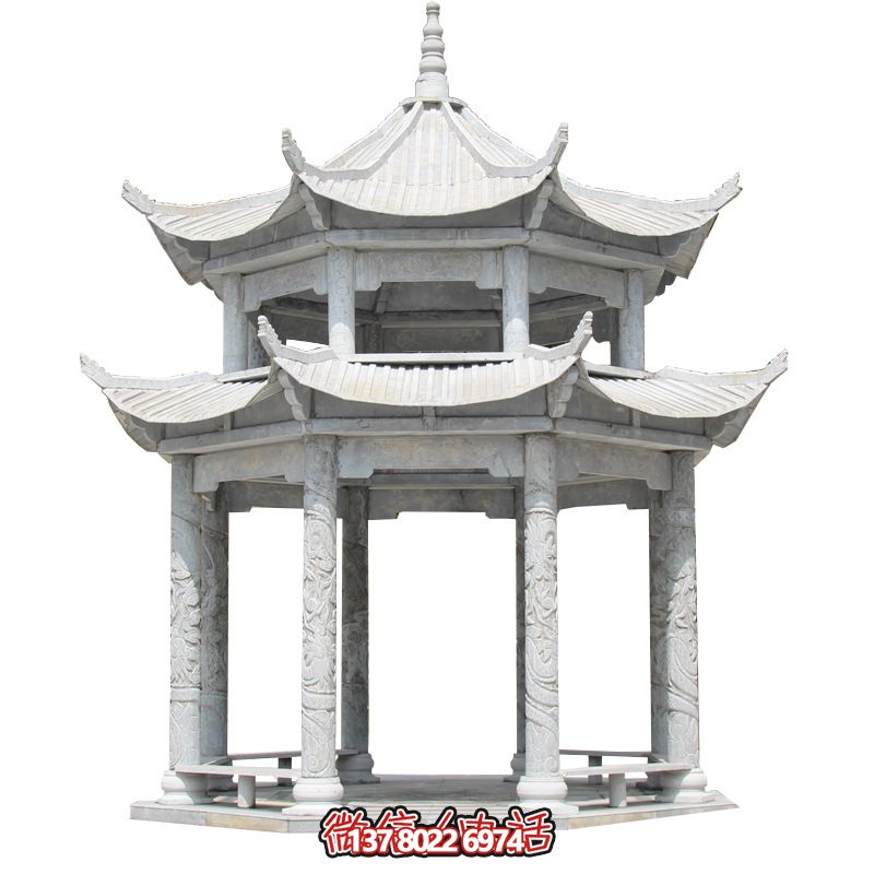 精美大理石雙層柱涼亭，雕塑點綴休息亭