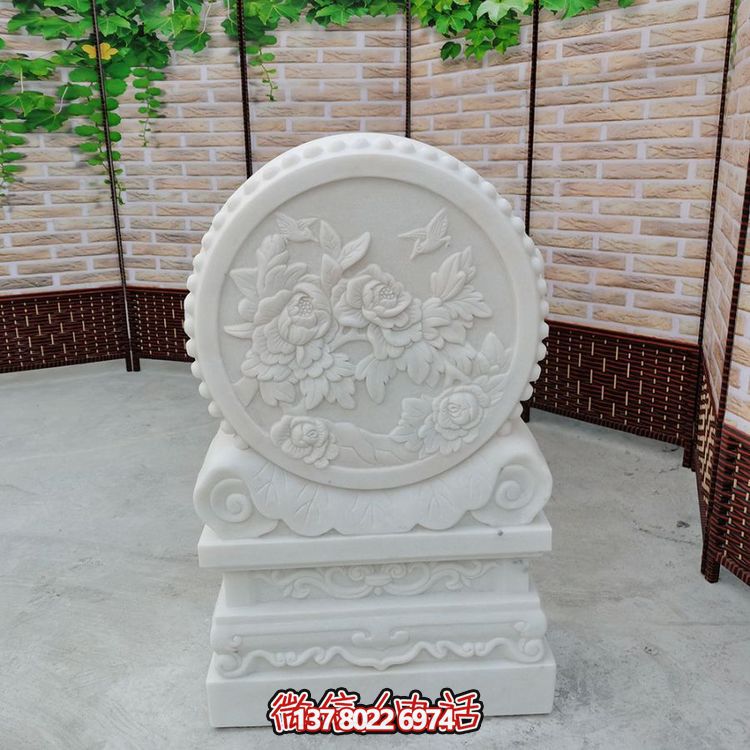 中式風(fēng)格天然漢白玉石雕抱鼓浮雕門墩，花開富貴