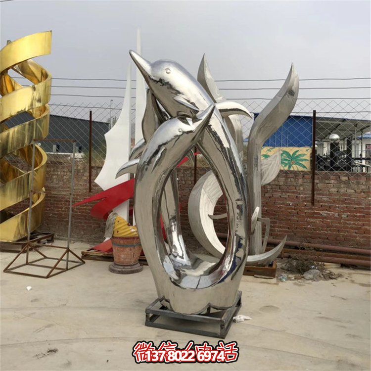 精美不銹鋼海豚雕塑，為您的戶外廣場增添水景鏡面美感