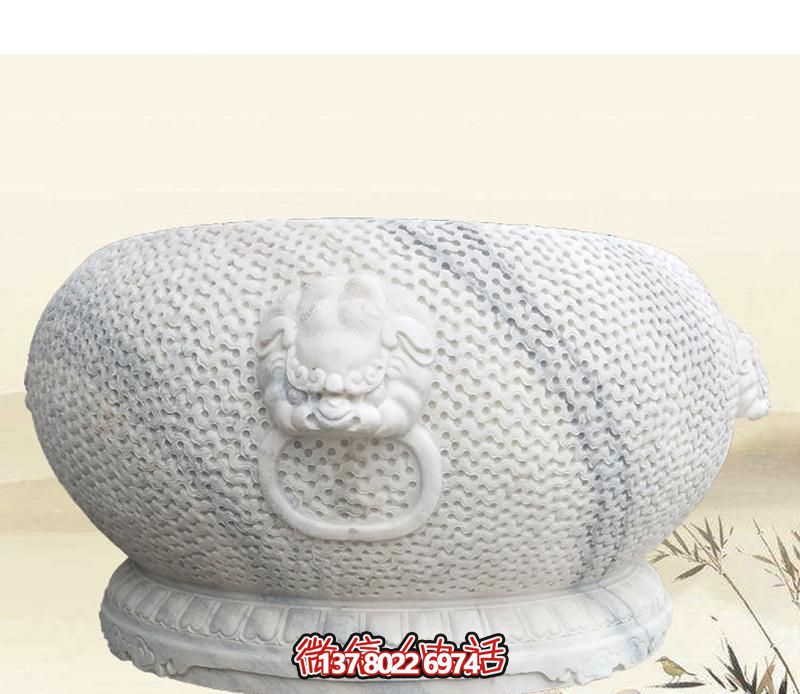 精美狴犴圓形雕塑，點(diǎn)綴庭院水缸浮雕