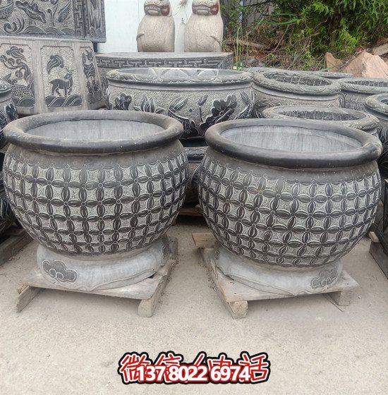自然美學結(jié)合青石石雕、浮雕、編織、雕塑的戶外園林魚缸