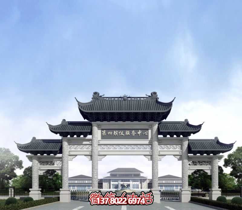 一座新式殯儀館五門景觀、青瓦斗拱、牌樓等高雅裝飾