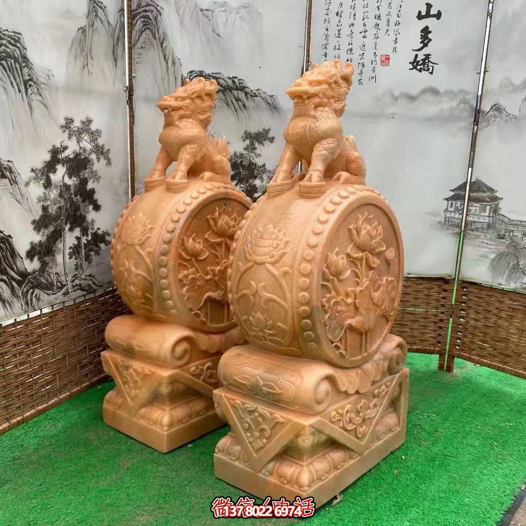 麒麟抱鼓石，晚霞紅荷花門墩