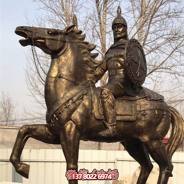 西方古代的騎馬士兵銅雕，手持盾牌騎馬身上的西方戰(zhàn)士