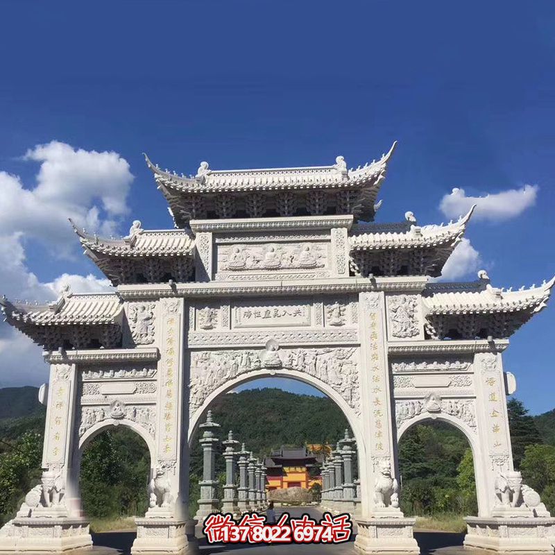 大型漢白玉寺院景區(qū)三門(mén)石雕牌樓